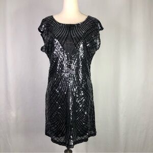Trixxi art deco sequined mini dress low back black cap sleeves formal dance S